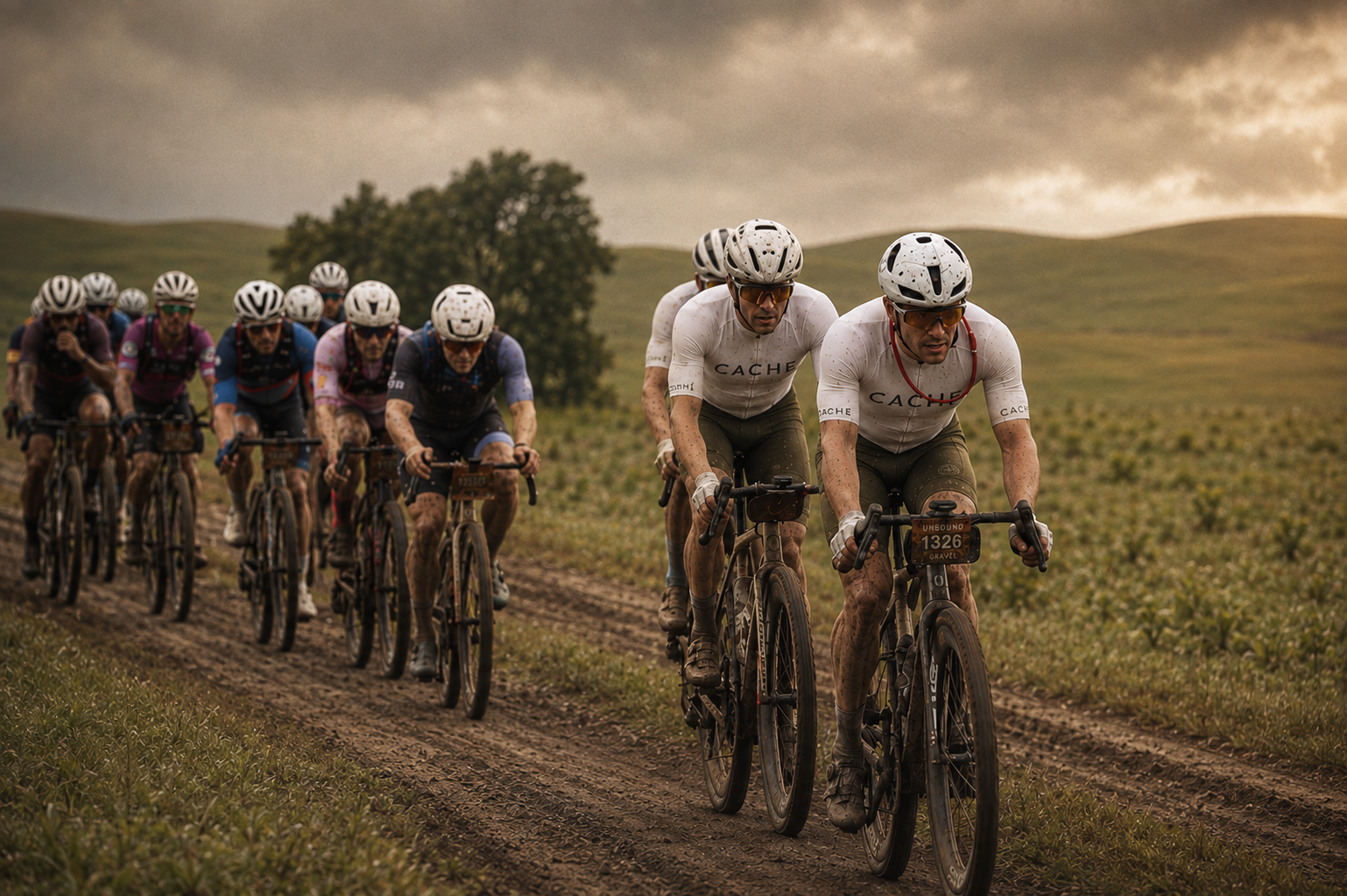 Gravel racers on a dirt road under an overcast sky